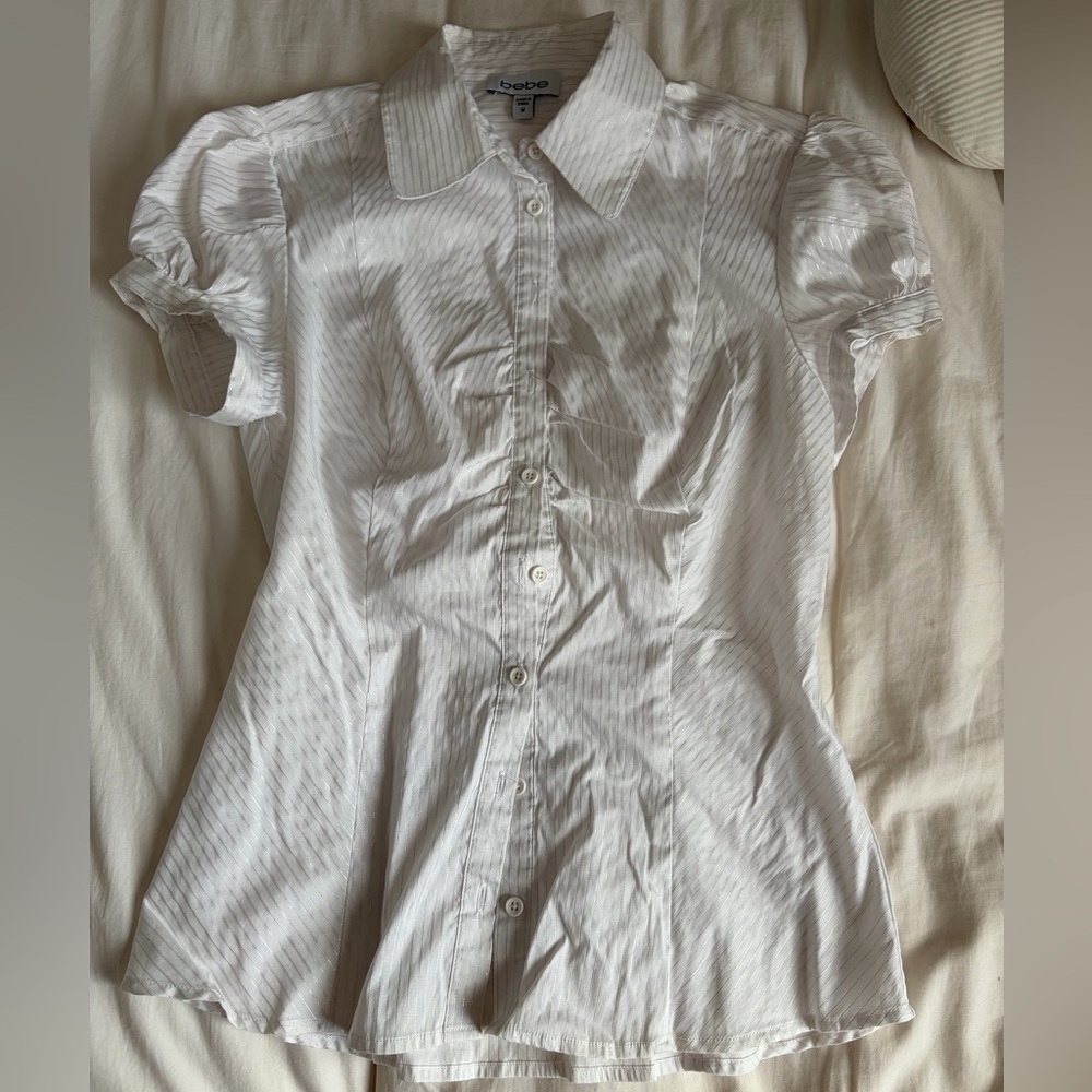 Bebe White Striped Collared Button Down Shirt - image 1